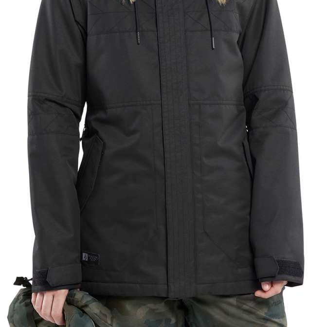 Volcom Women's Fawn Insulated Jacket - A black insulated jacket with a fur-lined hood and quilted pattern on the chest.
