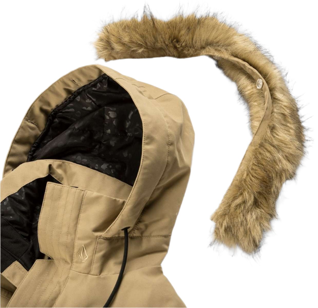 Volcom Women's Fawn Insulated Jacket - A tan-colored jacket with a hood, featuring a fur-lined trim around the hood and down the front zipper.