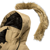 Volcom Women's Fawn Insulated Jacket - A tan-colored jacket with a hood, featuring a fur-lined trim around the hood and down the front zipper.