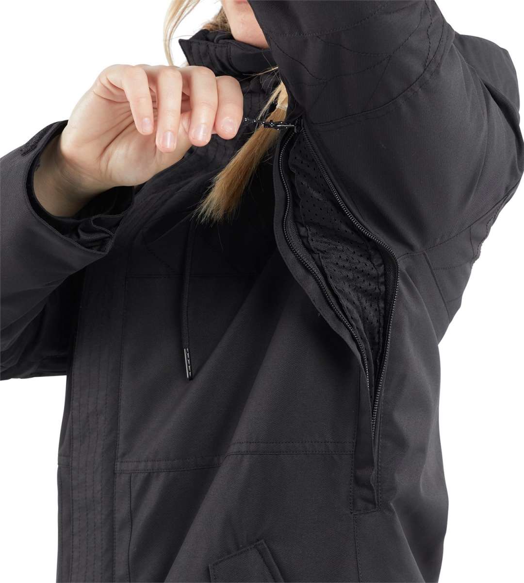 Volcom Women's Fawn Insulated Jacket - A black insulated jacket with a hood, featuring a zippered front and two pockets on either side.