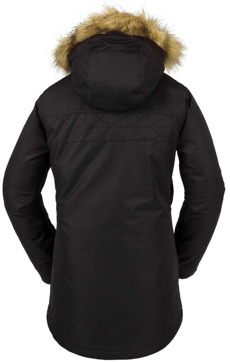 Volcom Women's Fawn Insulated Jacket - A black insulated jacket with a fur-lined hood and quilted pattern on the upper back.