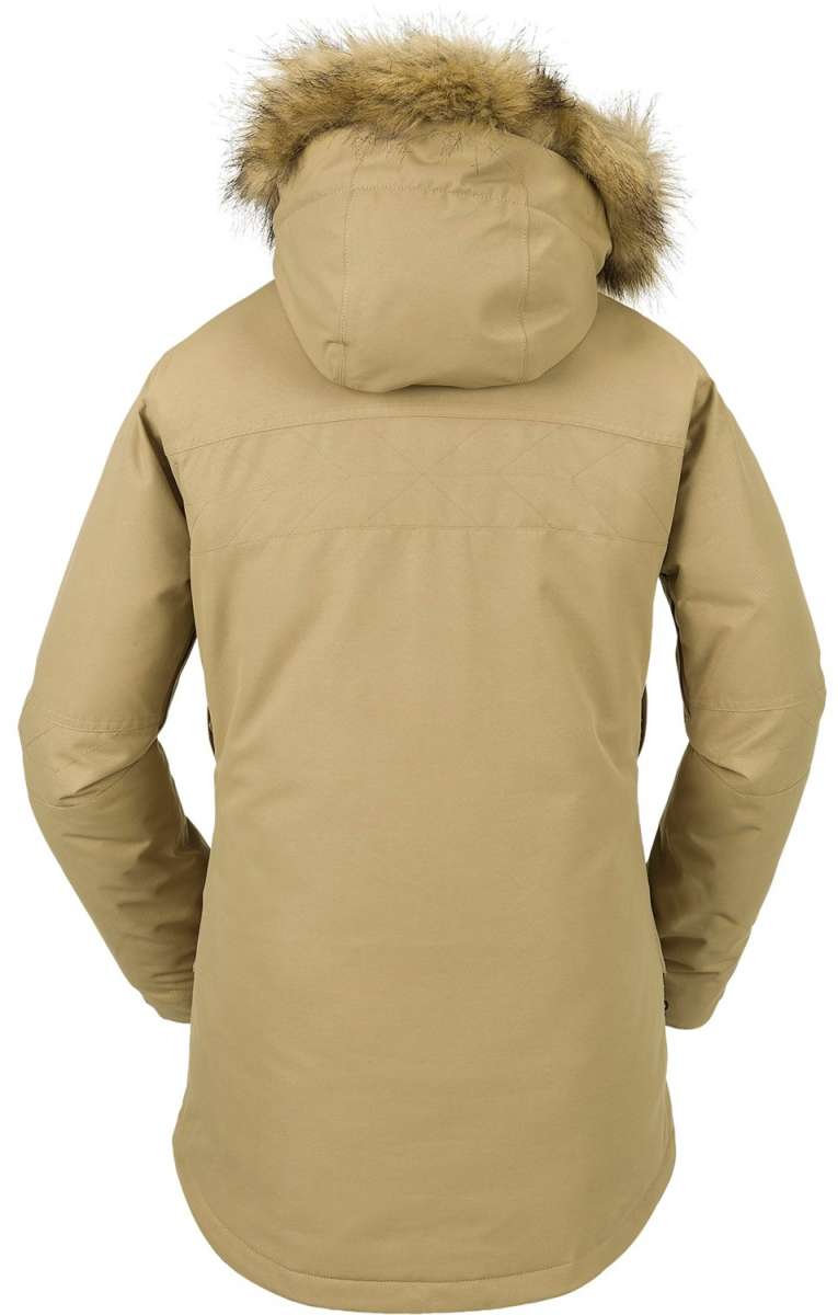 Volcom Women's Fawn Insulated Jacket - A tan-colored jacket with a fur-lined hood, featuring a quilted pattern on the back and sleeves.
