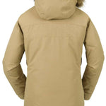 Volcom Women's Fawn Insulated Jacket - A tan-colored jacket with a fur-lined hood, featuring a quilted pattern on the back and sleeves.