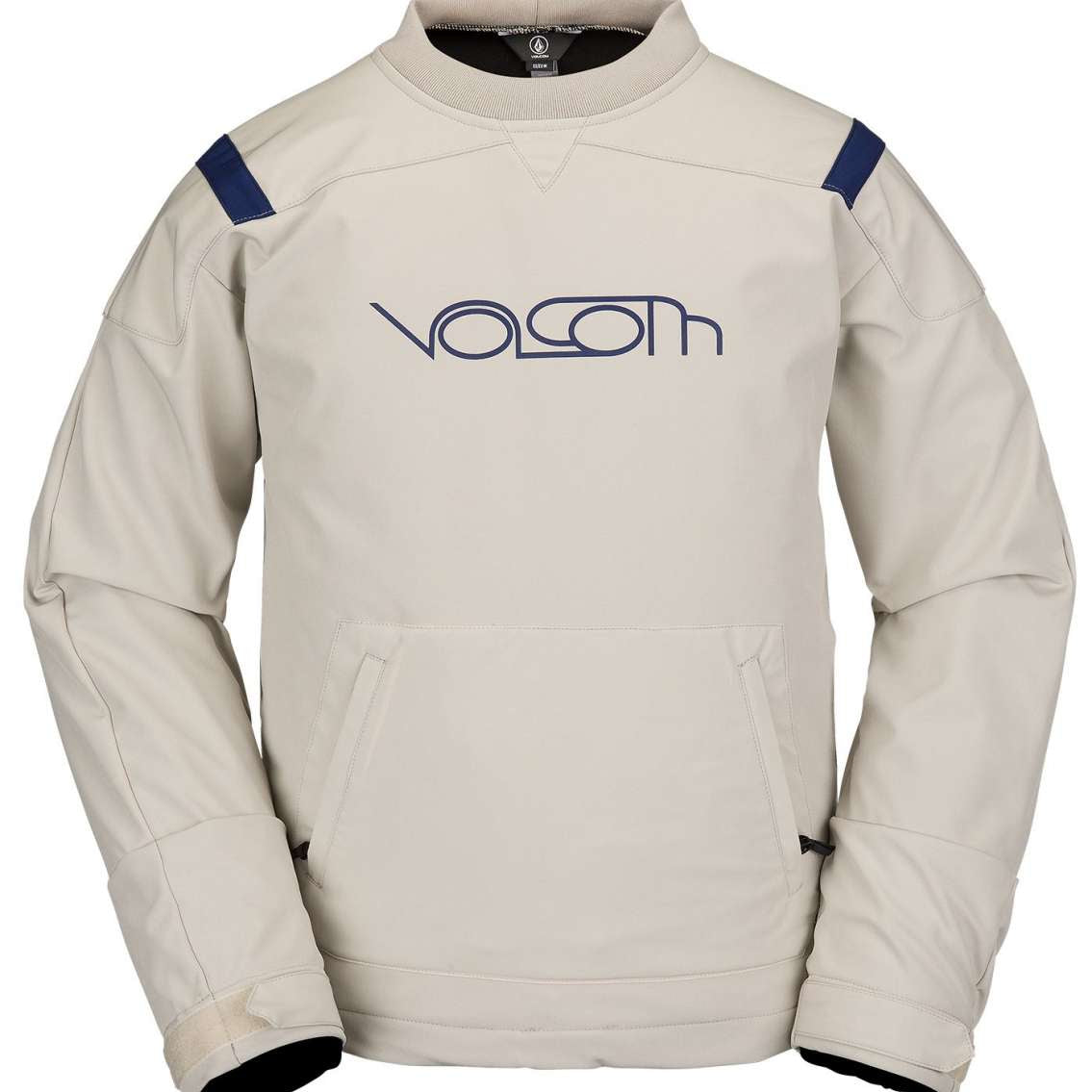 Volcom All I Got Fleece Pullover Sweater 2023 - A cream-colored fleece pullover with a large front pocket and navy blue shoulder straps.