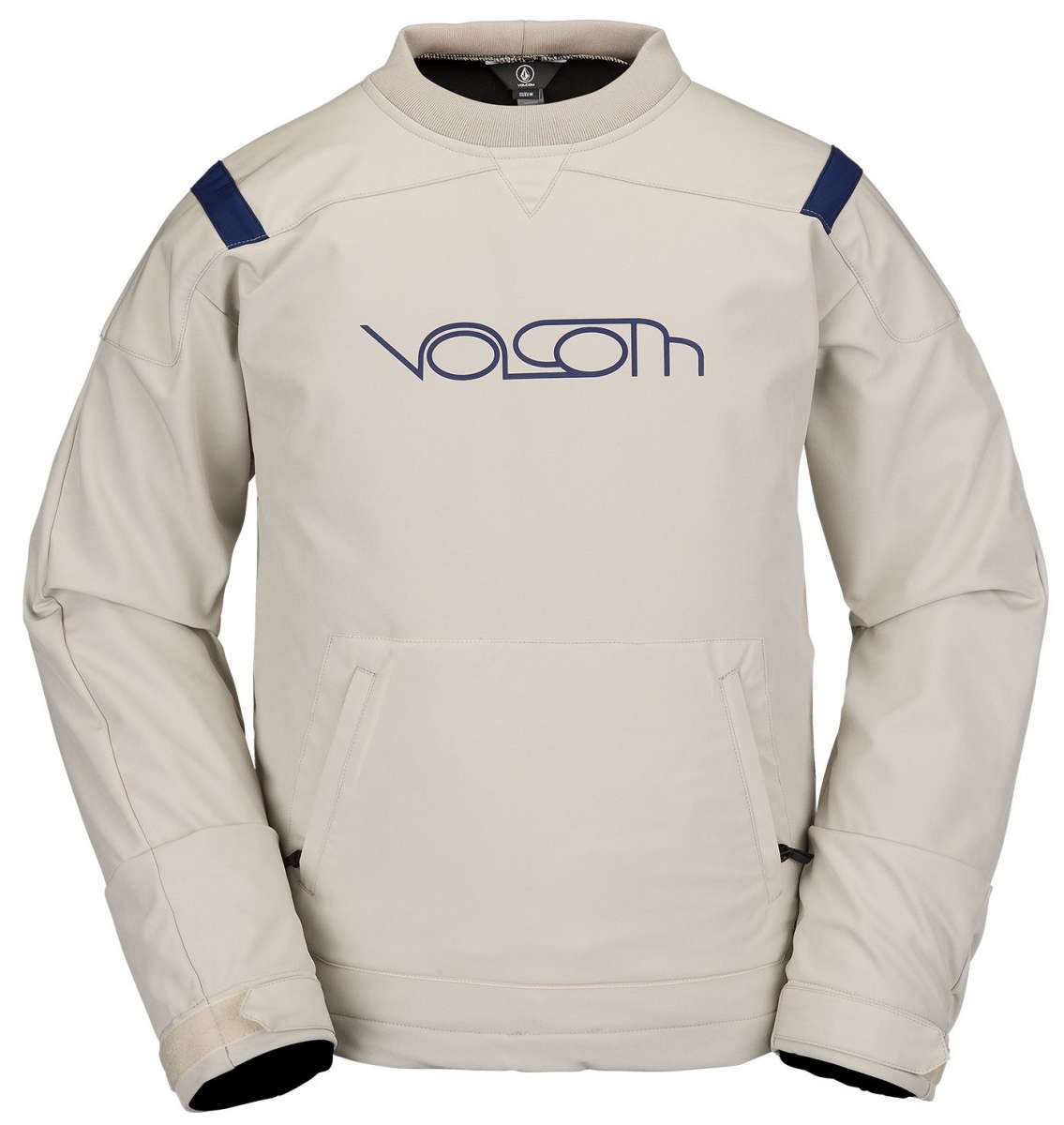 Volcom All I Got Fleece Pullover Sweater 2023 - A cream-colored fleece pullover with a large front pocket and navy blue shoulder straps.