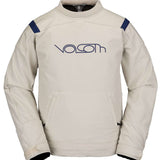 Volcom All I Got Fleece Pullover Sweater 2023 - A cream-colored fleece pullover with a large front pocket and navy blue shoulder straps.