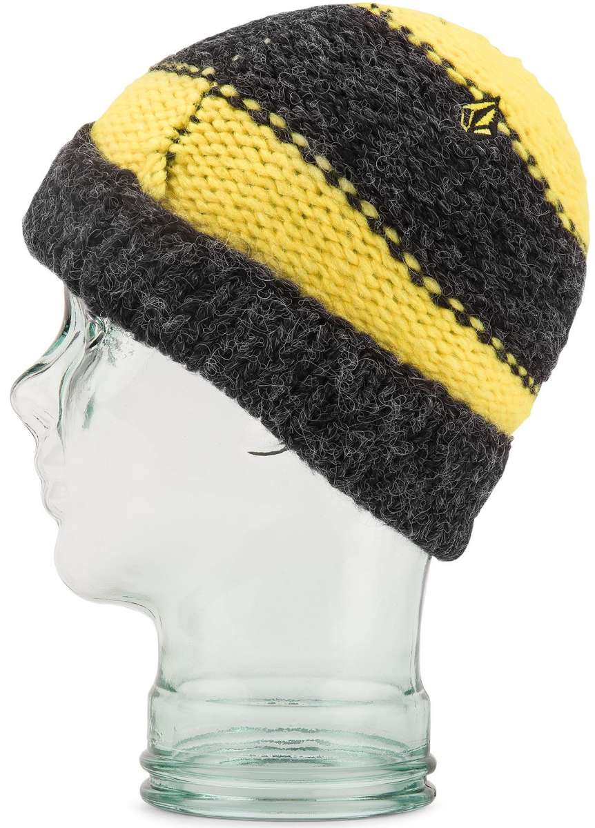 Volcom AP Hand Knit Beanie 2023 - A black and yellow knit beanie with a geometric pattern on top, featuring a small logo in the upper right corner.