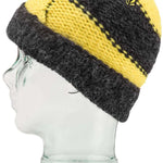 Volcom AP Hand Knit Beanie 2023 - A black and yellow knit beanie with a geometric pattern on top, featuring a small logo in the upper right corner.