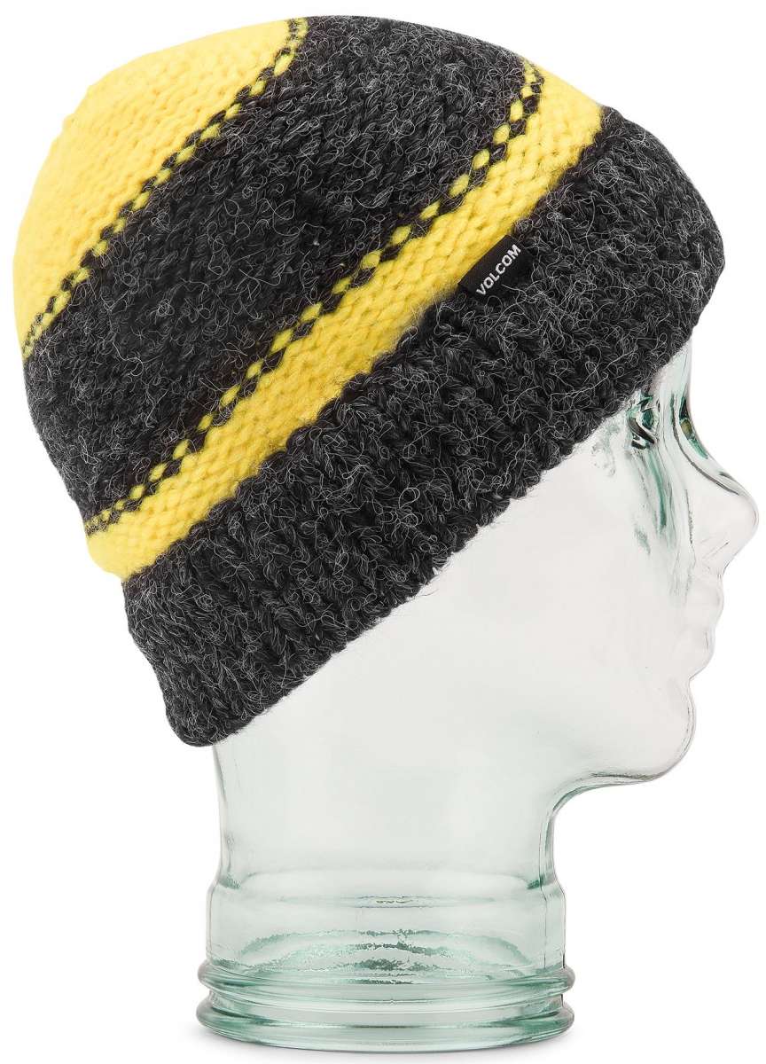 Volcom AP Hand Knit Beanie 2023 - A black beanie with a yellow stripe and a small white "VOLCOM" logo on the side.