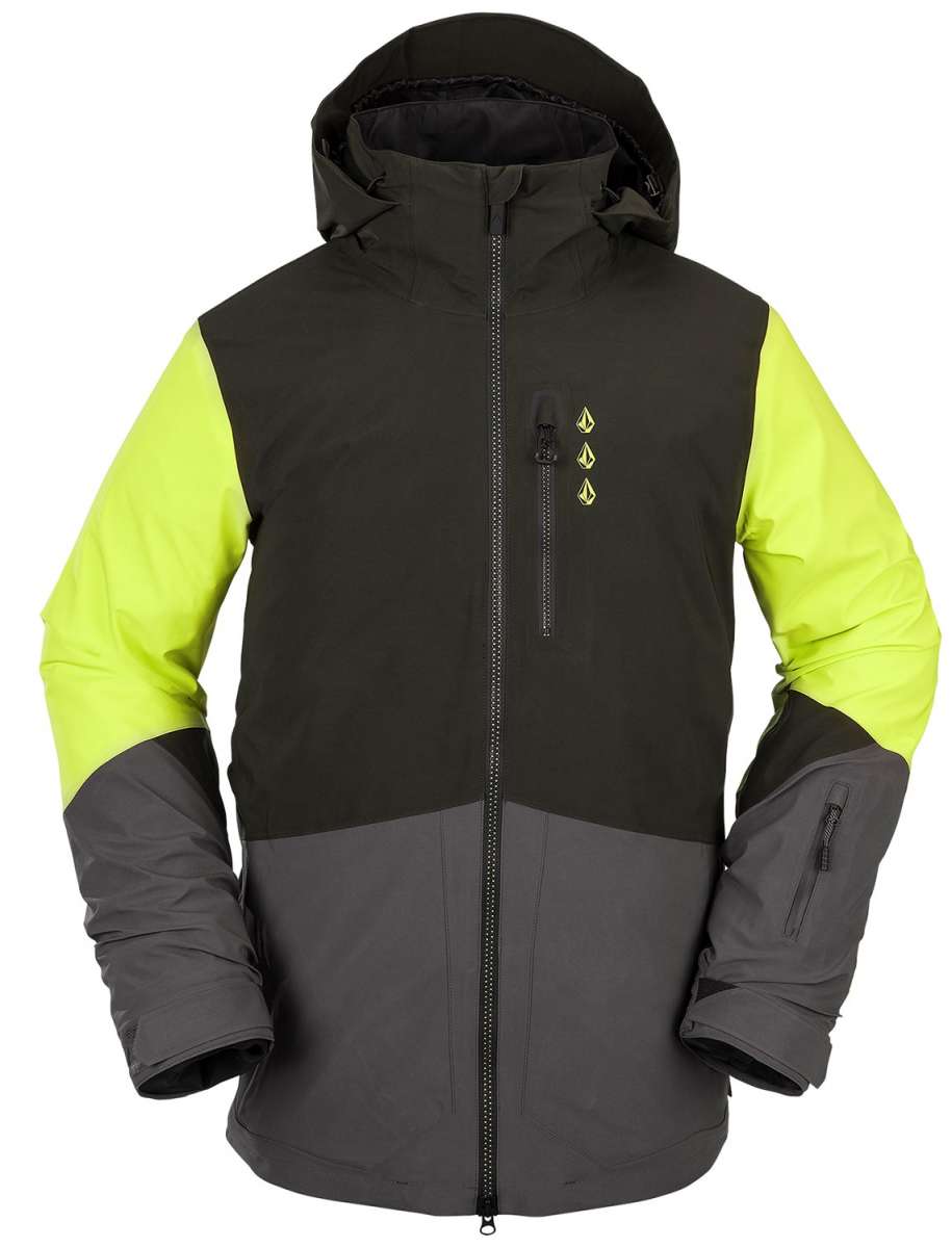 Volcom BL Stretch GORE-TEX Jacket 2022 - A black jacket with a high collar and zippered chest pocket, featuring yellow accents on the sleeves.
