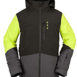 Volcom BL Stretch GORE-TEX Jacket 2022 - A black jacket with a high collar and zippered chest pocket, featuring yellow accents on the sleeves.