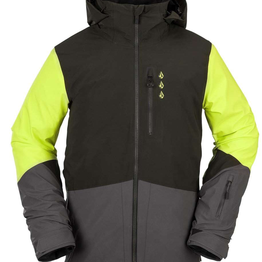 Volcom BL Stretch GORE-TEX Jacket 2022 - A black jacket with a high collar and zippered chest pocket, featuring yellow accents on the sleeves.