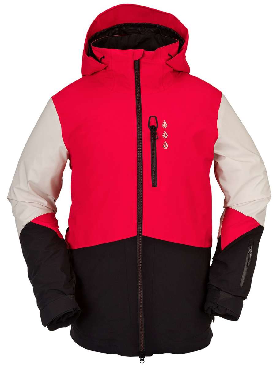 Volcom BL Stretch GORE-TEX Jacket 2022 - A red, black and off-white jacket with a hood, featuring three white logos on the chest.