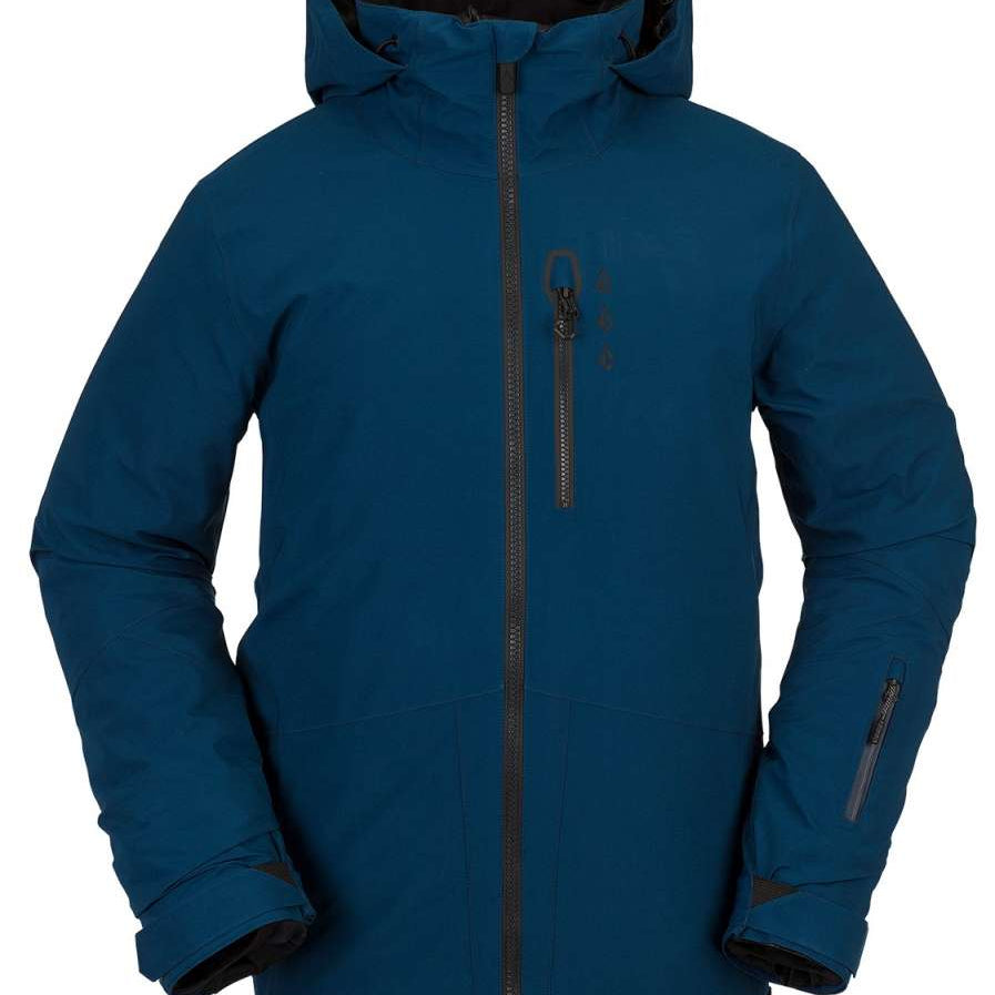 Volcom BL Stretch GORE-TEX Jacket 2022 - A dark blue jacket with a hood, featuring black zippers and a black logo on the left chest.