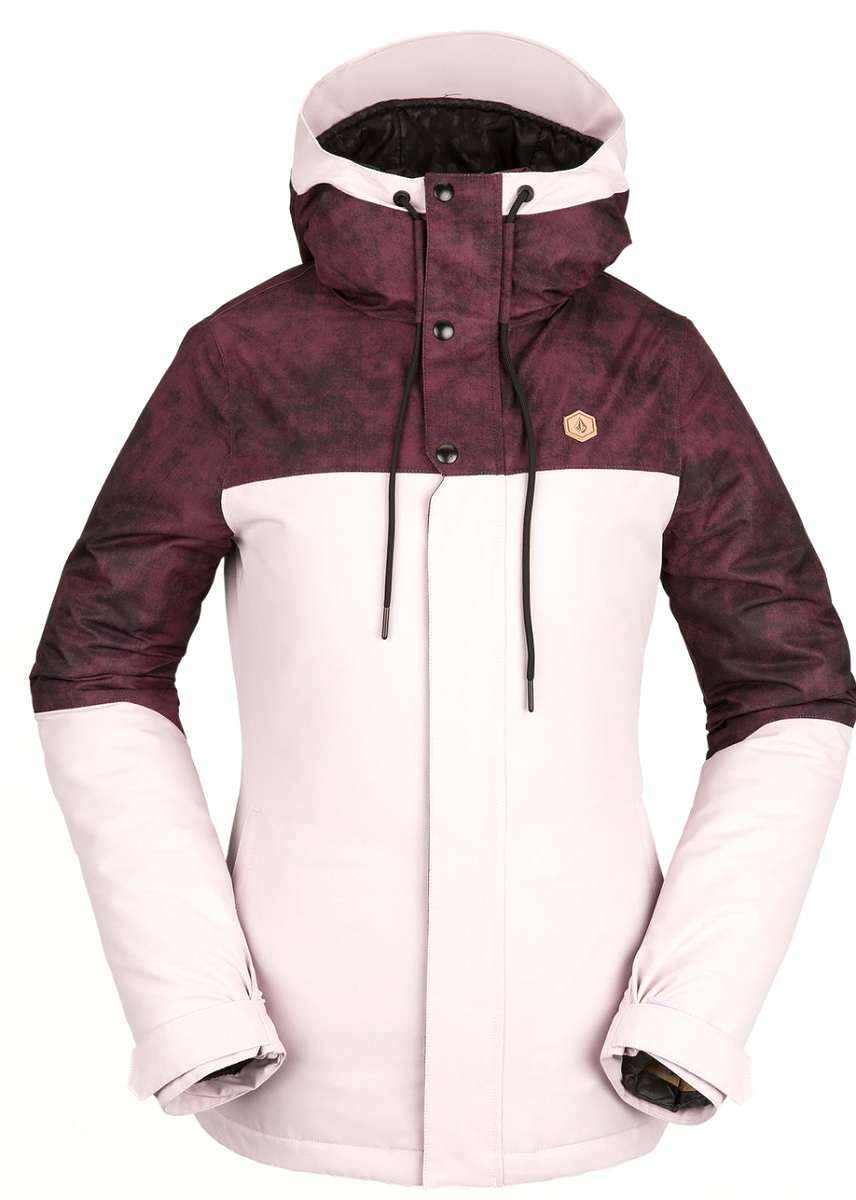 Volcom Women's Bolt Insulated Jacket 2021 - A dark-colored jacket with a hood, featuring a pattern of small, darker spots on the upper portion and solid color on the lower portion.