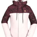 Volcom Women's Bolt Insulated Jacket 2021 - A dark-colored jacket with a hood, featuring a pattern of small, darker spots on the upper portion and solid color on the lower portion.