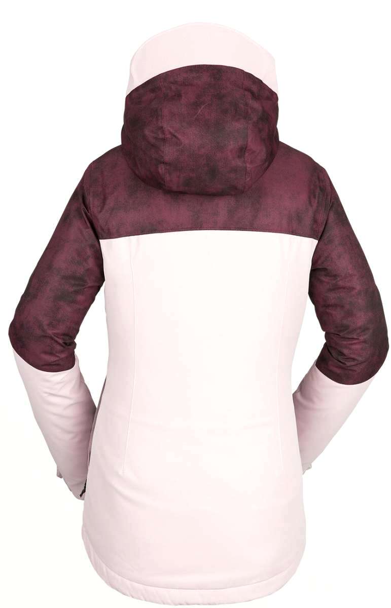 Volcom Women's Bolt Insulated Jacket 2021 - A maroon and white jacket with a hood, featuring a subtle black pattern on the upper portion.