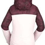 Volcom Women's Bolt Insulated Jacket 2021 - A maroon and white jacket with a hood, featuring a subtle black pattern on the upper portion.