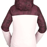 Volcom Women's Bolt Insulated Jacket 2021 - A maroon and white jacket with a hood, featuring a subtle black pattern on the upper portion.