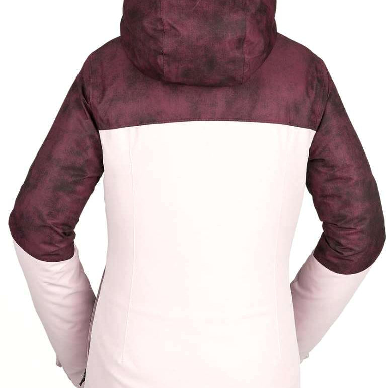 Volcom Women's Bolt Insulated Jacket 2021 - A maroon and white jacket with a hood, featuring a subtle black pattern on the upper portion.
