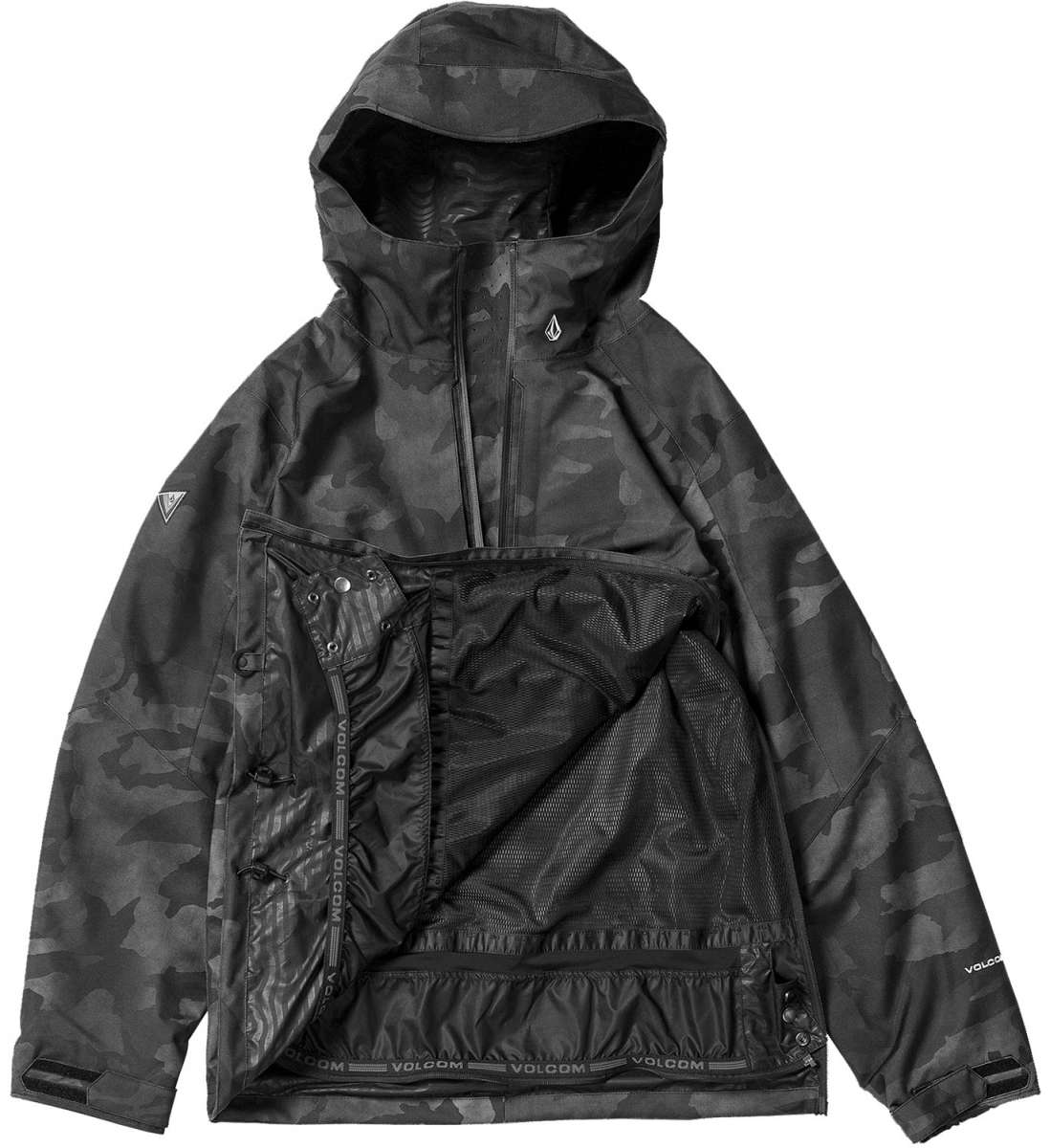 Volcom Brighton Pullover Jacket 2024 - A black jacket with a subtle gray camouflage pattern and a white logo on the left chest area.