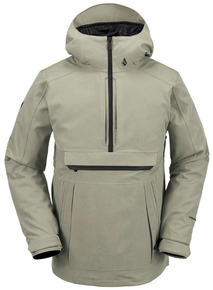 Volcom Brighton Pullover Jacket 2024 - A light gray jacket with a black zipper and logo on the chest, featuring a hood and two zippered pockets.