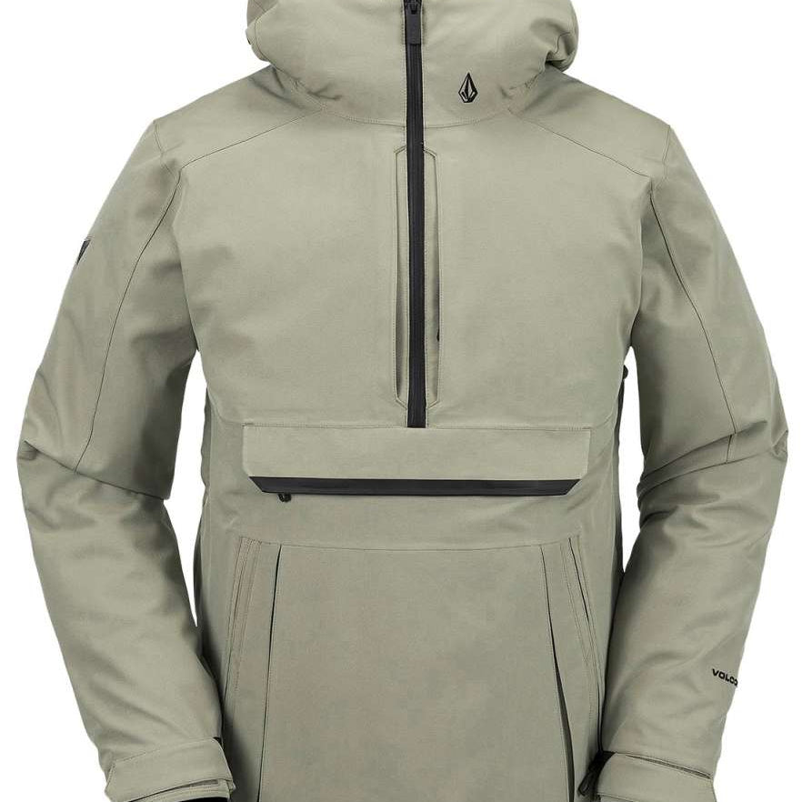 Volcom Brighton Pullover Jacket 2024 - A light gray jacket with a black zipper and logo on the chest, featuring a hood and two zippered pockets.