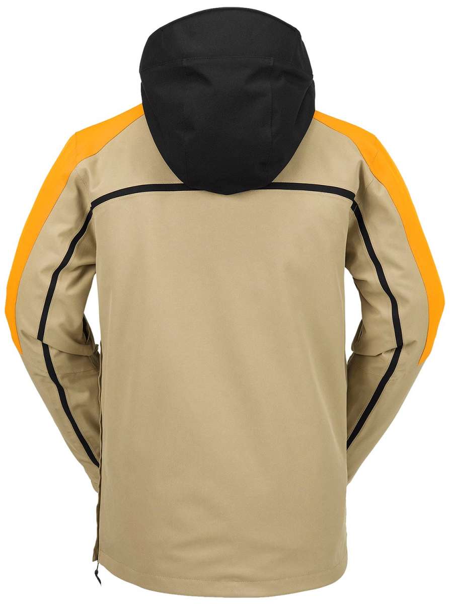 Volcom Brighton Pullover Jacket 2024 - A tan-colored jacket with a black hood and yellow accents on the shoulders.