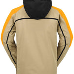 Volcom Brighton Pullover Jacket 2024 - A tan-colored jacket with a black hood and yellow accents on the shoulders.