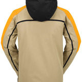 Volcom Brighton Pullover Jacket 2024 - A tan-colored jacket with a black hood and yellow accents on the shoulders.