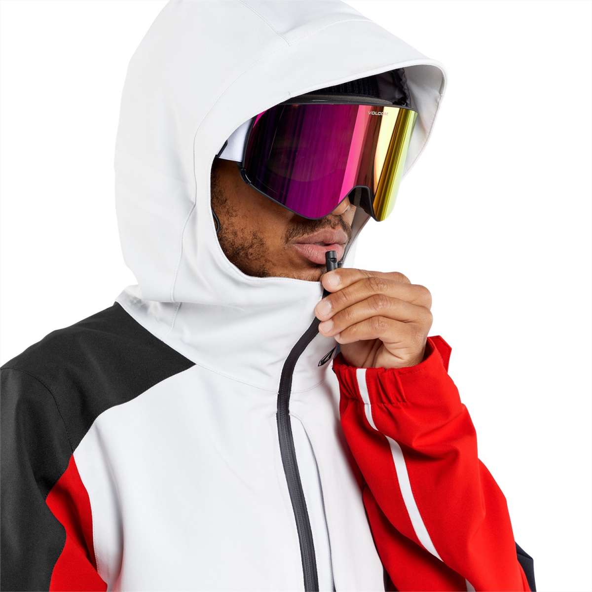 Volcom Brighton Pullover Jacket 2024 - A black, white, and red jacket with a hood.