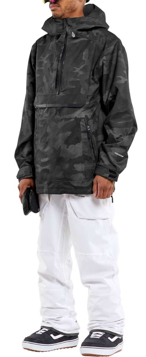 Volcom - A black pullover jacket with a hood, featuring a camouflage pattern and a zipper down the front.