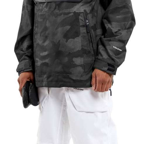Volcom - A black pullover jacket with a hood, featuring a camouflage pattern and a zipper down the front.
