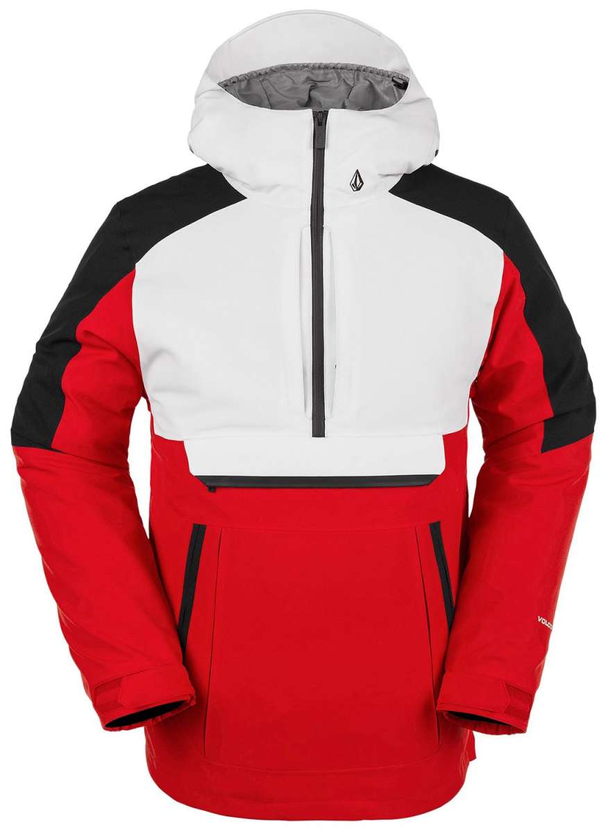 Volcom Brighton Pullover Jacket 2024 - A red, black, and white jacket with a hood, featuring a zippered front and two side pockets.