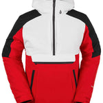 Volcom Brighton Pullover Jacket 2024 - A red, black, and white jacket with a hood, featuring a zippered front and two side pockets.