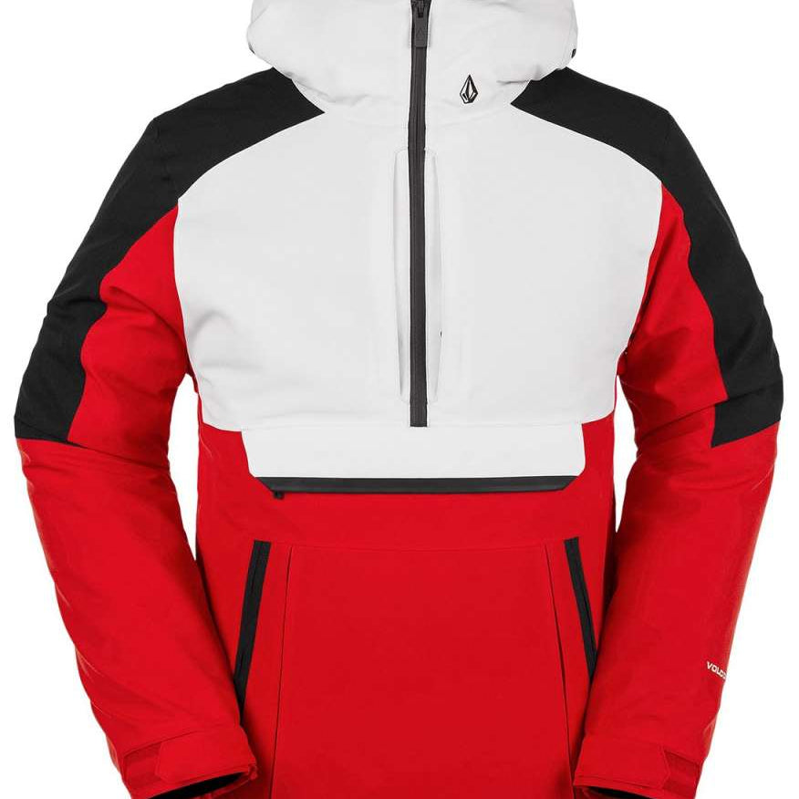 Volcom Brighton Pullover Jacket 2024 - A red, black, and white jacket with a hood, featuring a zippered front and two side pockets.