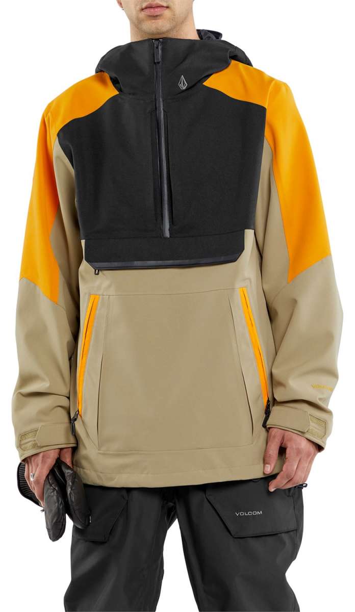 Volcom Brighton Pullover Jacket - A black, tan, and orange jacket with a hood and zipper down the front.