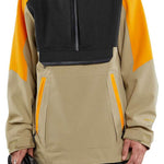 Volcom Brighton Pullover Jacket - A black, tan, and orange jacket with a hood and zipper down the front.