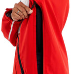 Volcom Brighton Pullover Jacket 2024 - A red jacket with a white stripe on the left sleeve and black zippers.