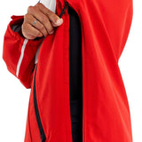 Volcom Brighton Pullover Jacket 2024 - A red jacket with a white stripe on the left sleeve and black zippers.