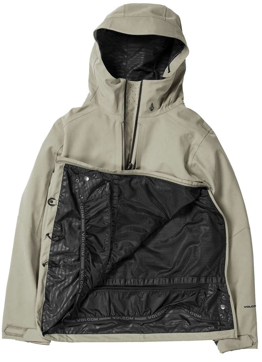 Volcom Brighton Pullover Jacket 2024 - A tan-colored jacket with a hood, featuring a zippered front and two pockets on either side.