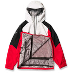 Volcom Brighton Pullover Jacket 2024 - A white, black, and red jacket with a hood, featuring a zipper down the front.