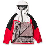 Volcom Brighton Pullover Jacket 2024 - A white, black, and red jacket with a hood, featuring a zipper down the front.