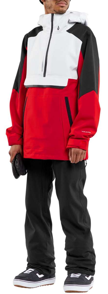 Volcom Brighton Pullover Jacket - A red, black, and white jacket with a hood and zipper down the front.