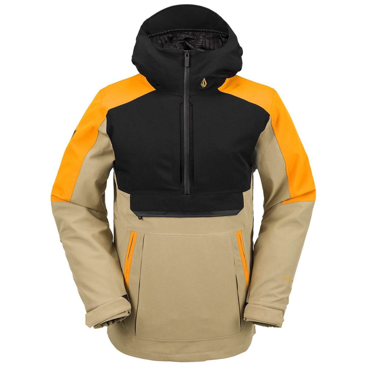 Volcom Brighton Pullover Jacket 2024 - A black, tan, and orange jacket with a hood, featuring a zippered front and two side pockets.