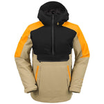 Volcom Brighton Pullover Jacket 2024 - A black, tan, and orange jacket with a hood, featuring a zippered front and two side pockets.