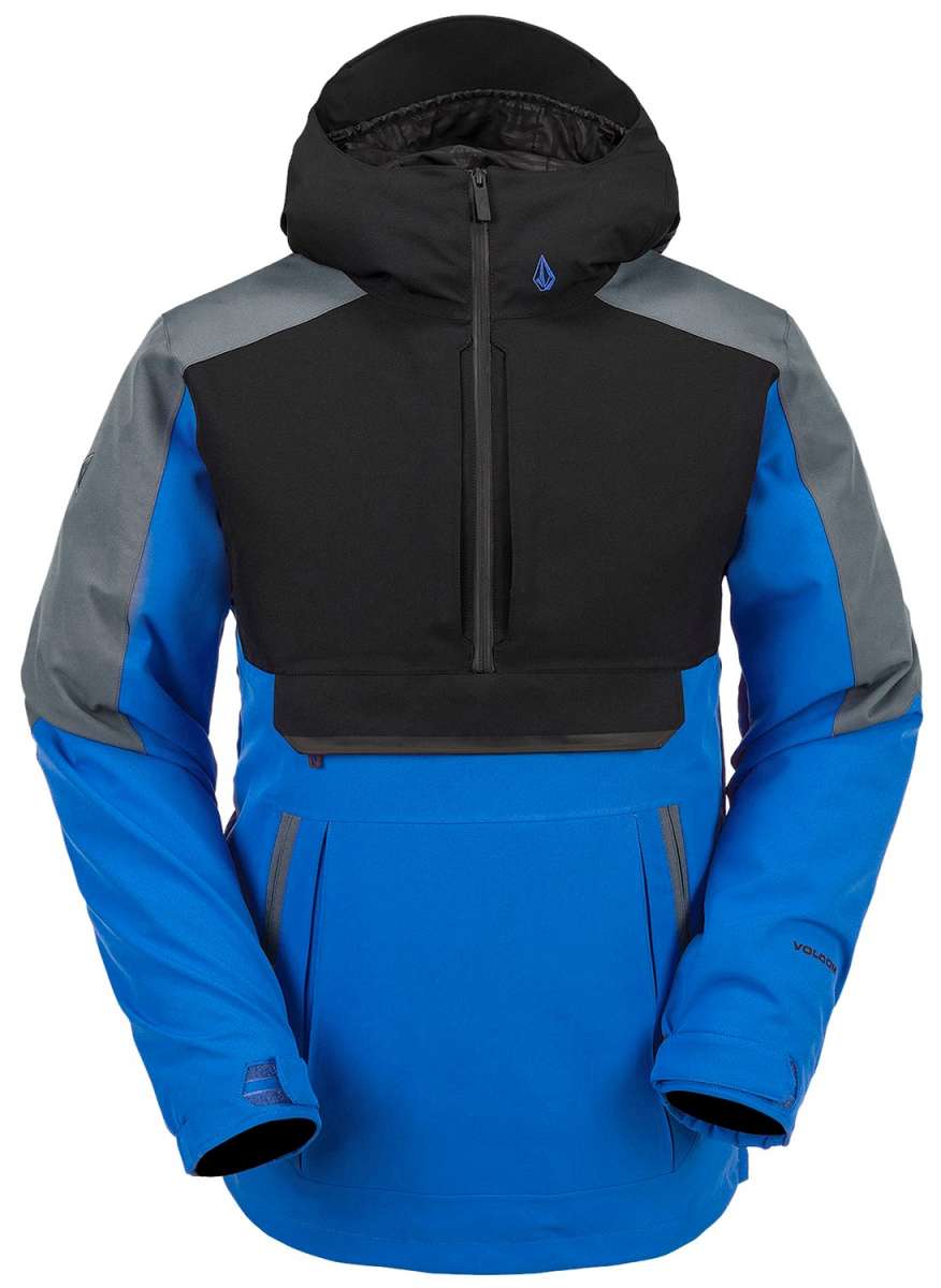 Volcom Brighton Pullover Jacket 2024 - A black, gray, and blue jacket with a hood, featuring a zippered front and two side pockets.