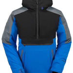 Volcom Brighton Pullover Jacket 2024 - A black, gray, and blue jacket with a hood, featuring a zippered front and two side pockets.