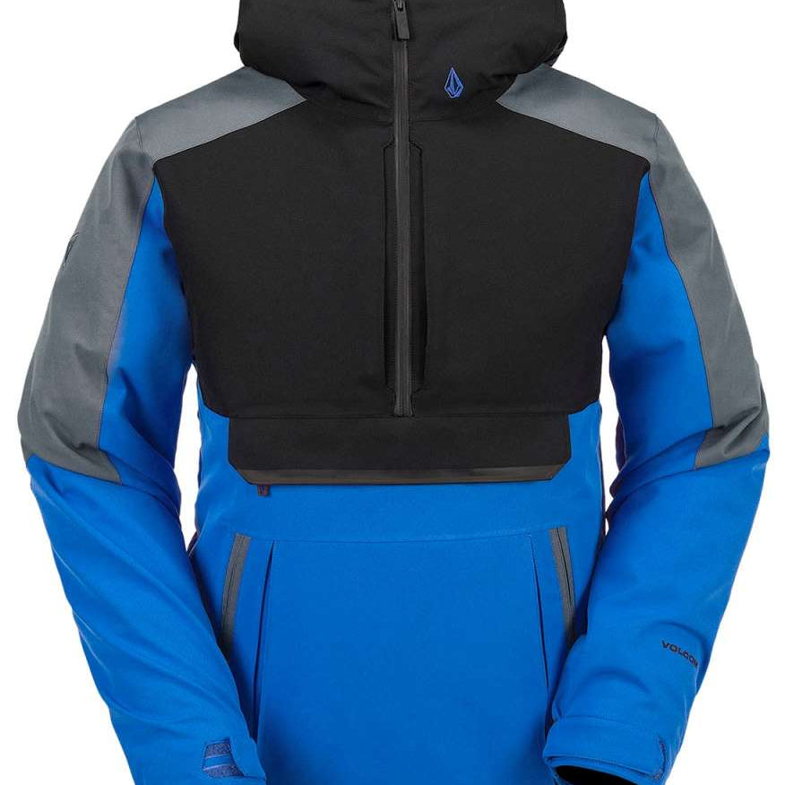 Volcom Brighton Pullover Jacket 2024 - A black, gray, and blue jacket with a hood, featuring a zippered front and two side pockets.