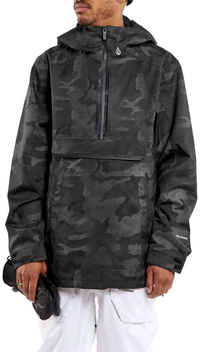 Volcom Brighton Pullover Jacket - A black jacket with a subtle gray camouflage pattern, featuring a hood and zippered front.